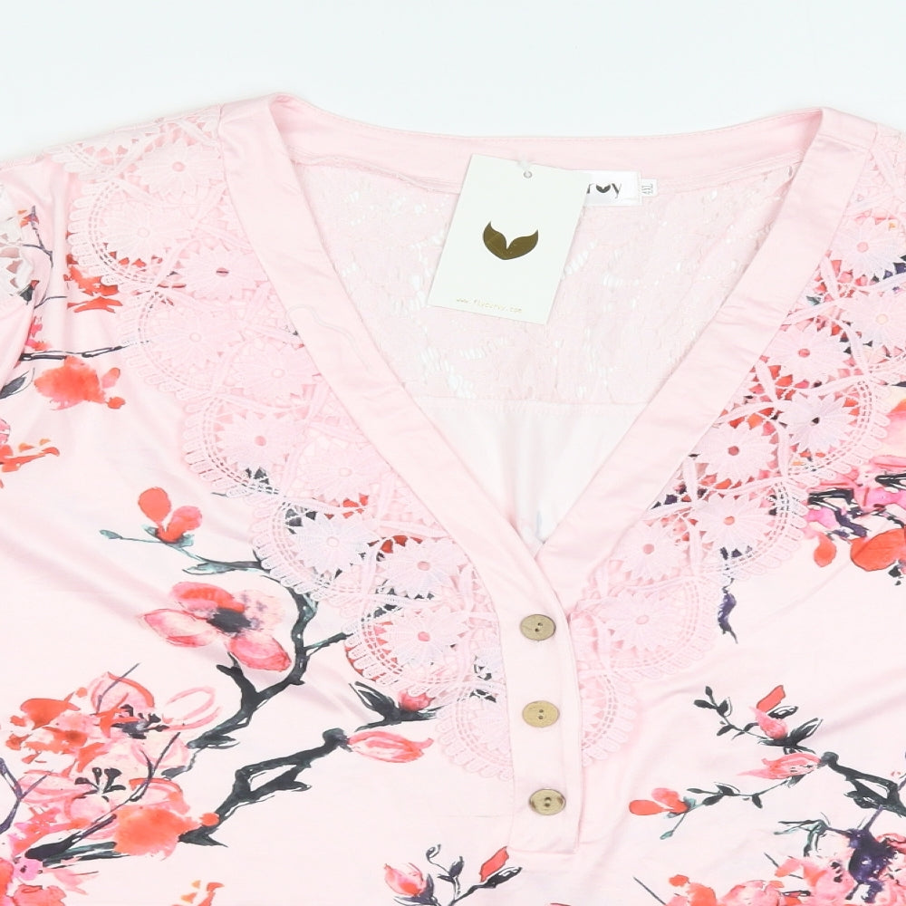 Flycurvy Womens Pink Floral Polyester Basic T-Shirt Size 4XL V-Neck
