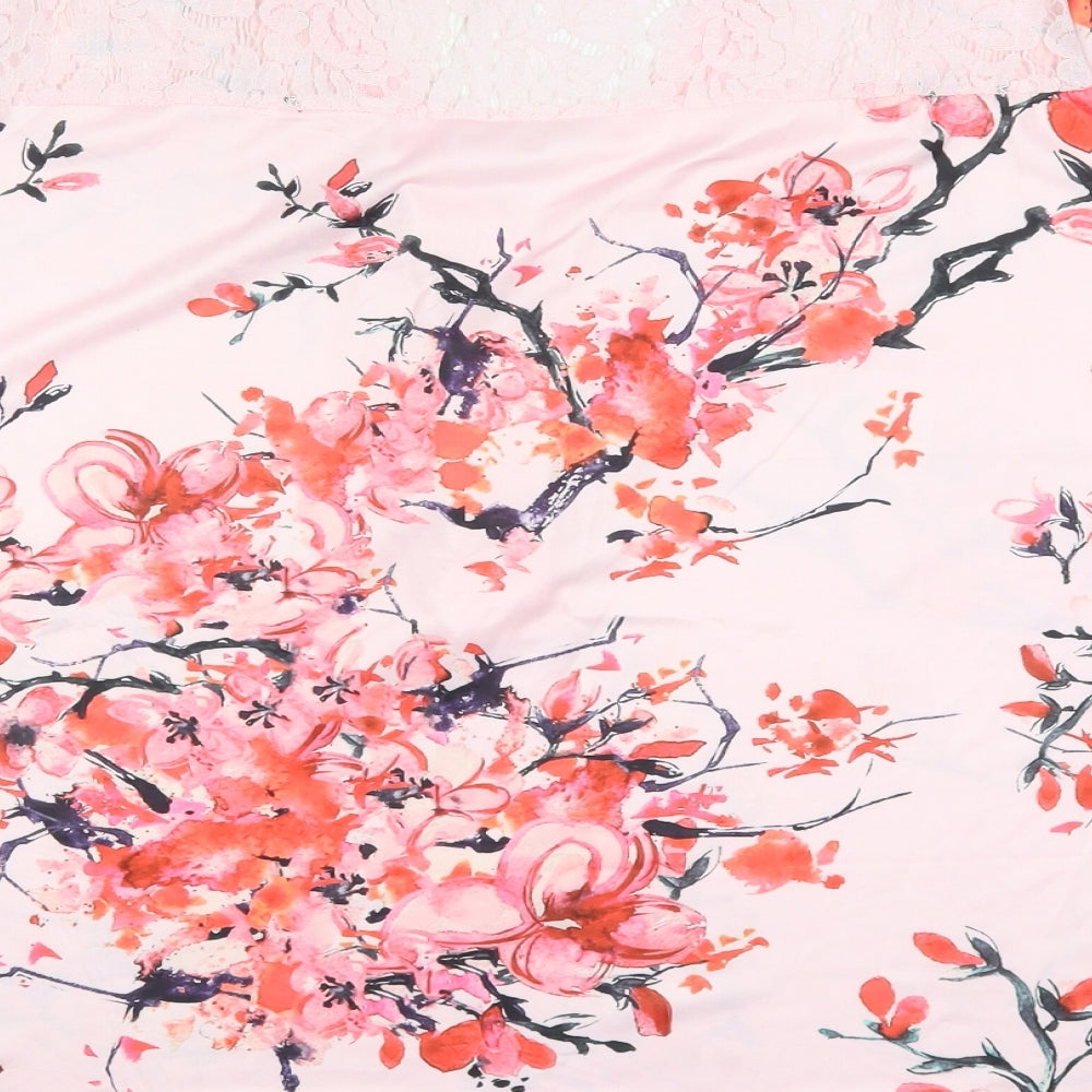 Flycurvy Womens Pink Floral Polyester Basic T-Shirt Size 4XL V-Neck