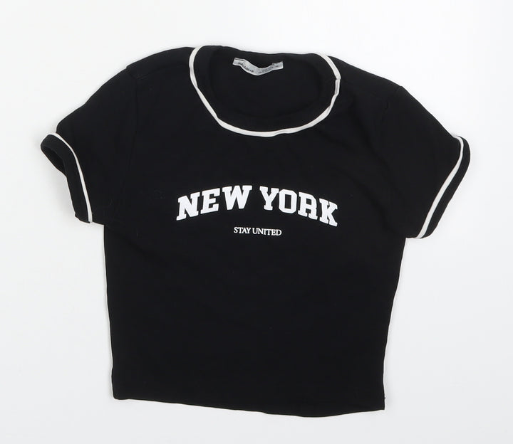 Pull&Bear Womens Black Cotton Basic T-Shirt Size S Crew Neck - New York