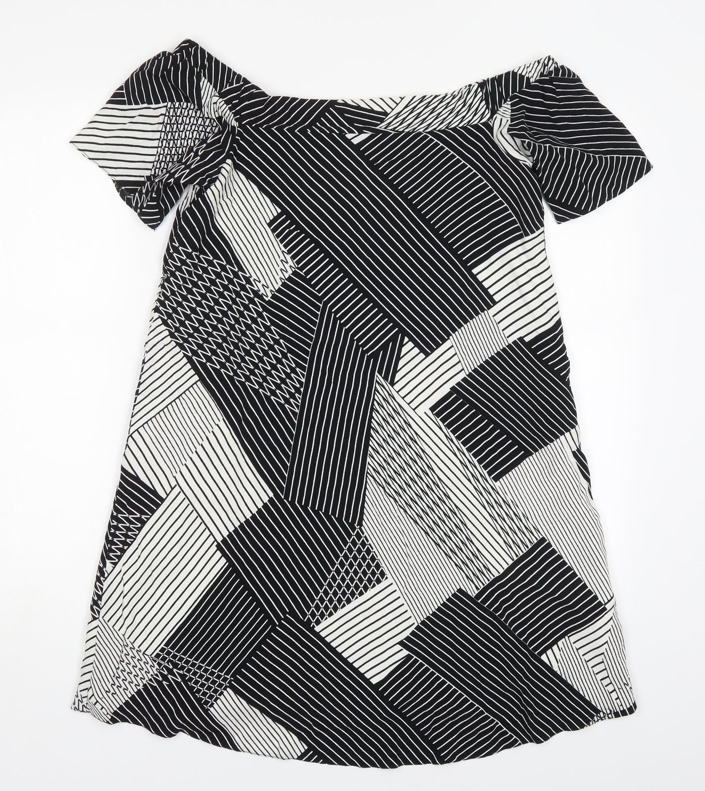 New Look Womens Black Geometric Viscose A-Line  Size 10  Off the Shoulder Pullover