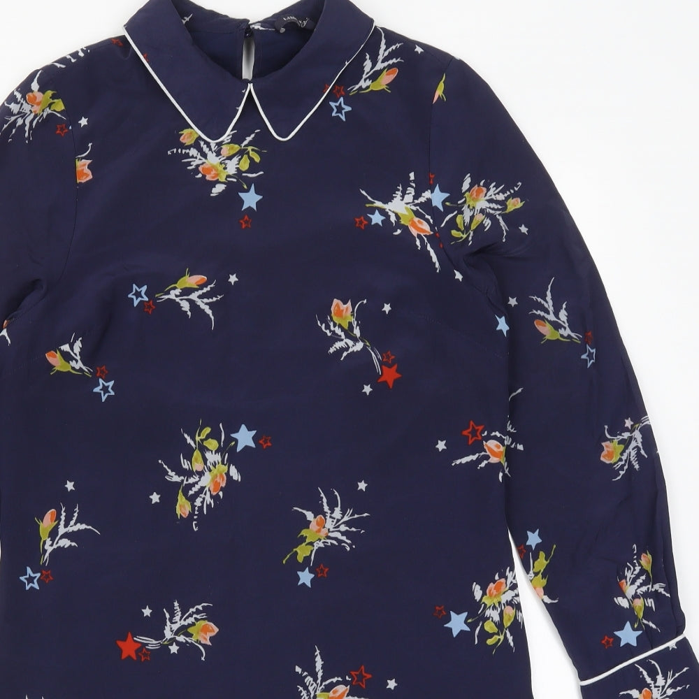 Marks and Spencer Womens Blue Floral Polyester A-Line  Size 10  Collared Zip - Stars