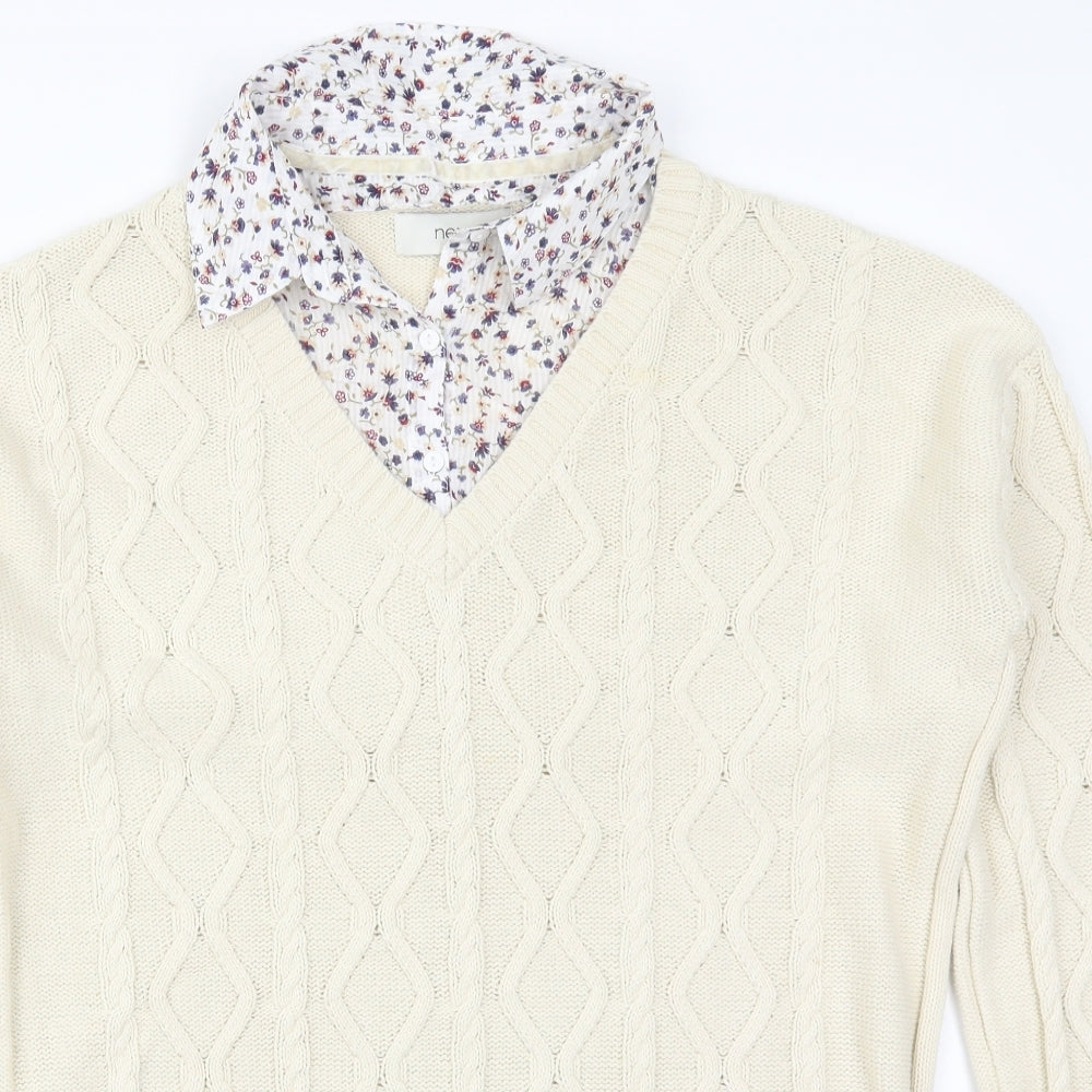 NEXT Womens Beige Collared Floral Cotton Pullover Jumper Size 14