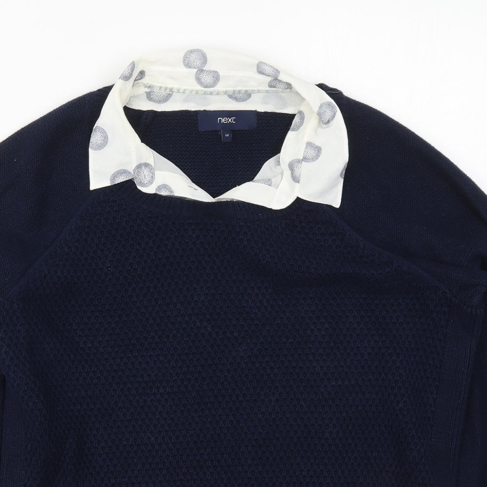NEXT Womens Blue Collared Geometric Cotton Pullover Jumper Size 14