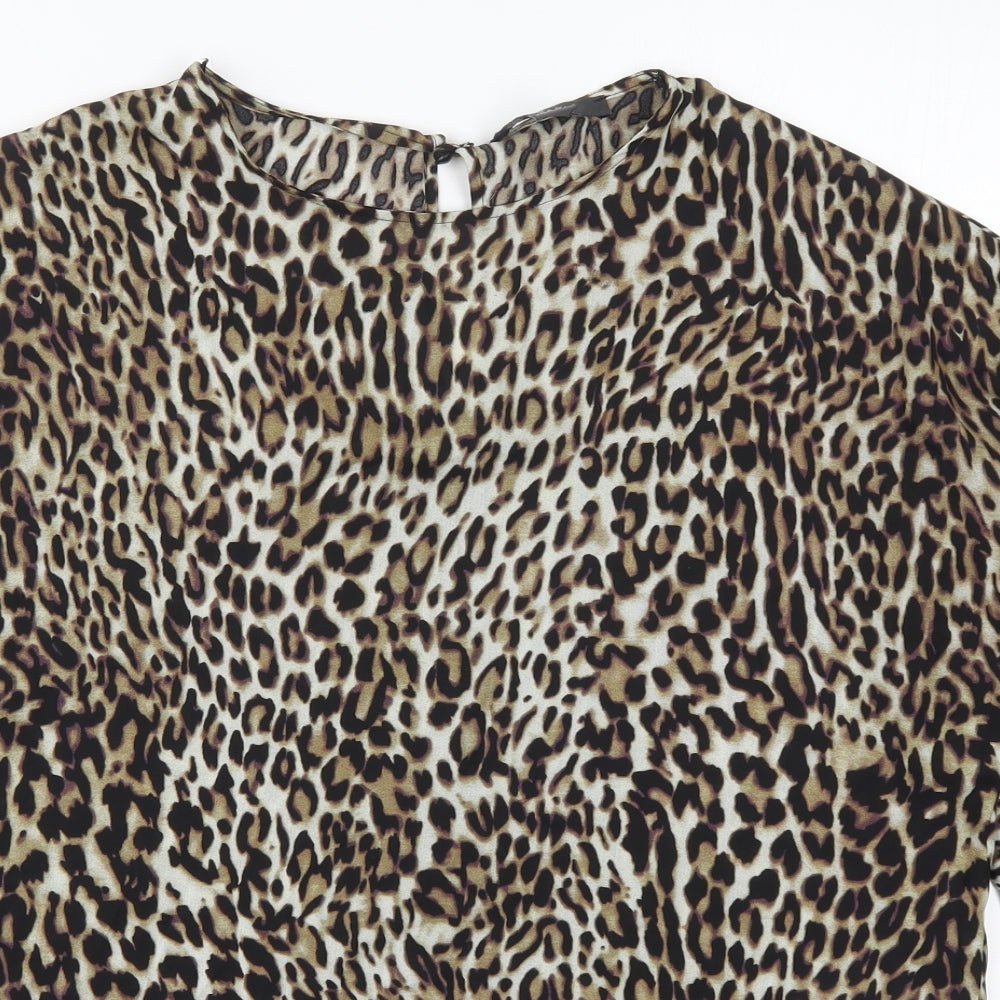Primark Womens Brown Animal Print Polyester Basic Blouse Size 12 Round Neck