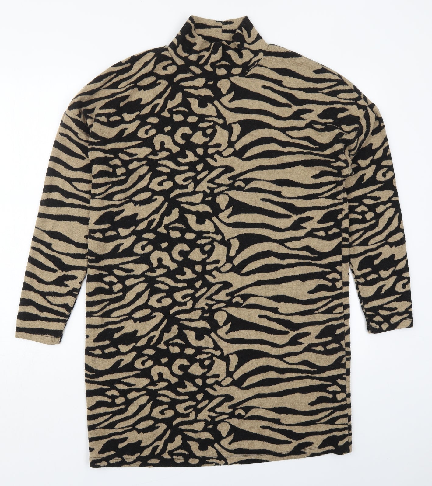 F&F Womens Beige Animal Print Polyester Jumper Dress  Size 14  High Neck Pullover