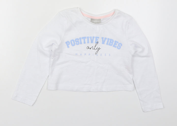 Matalan Girls White  Cotton Basic T-Shirt Size 6 Years Crew Neck Pullover - Positive Vibes Only