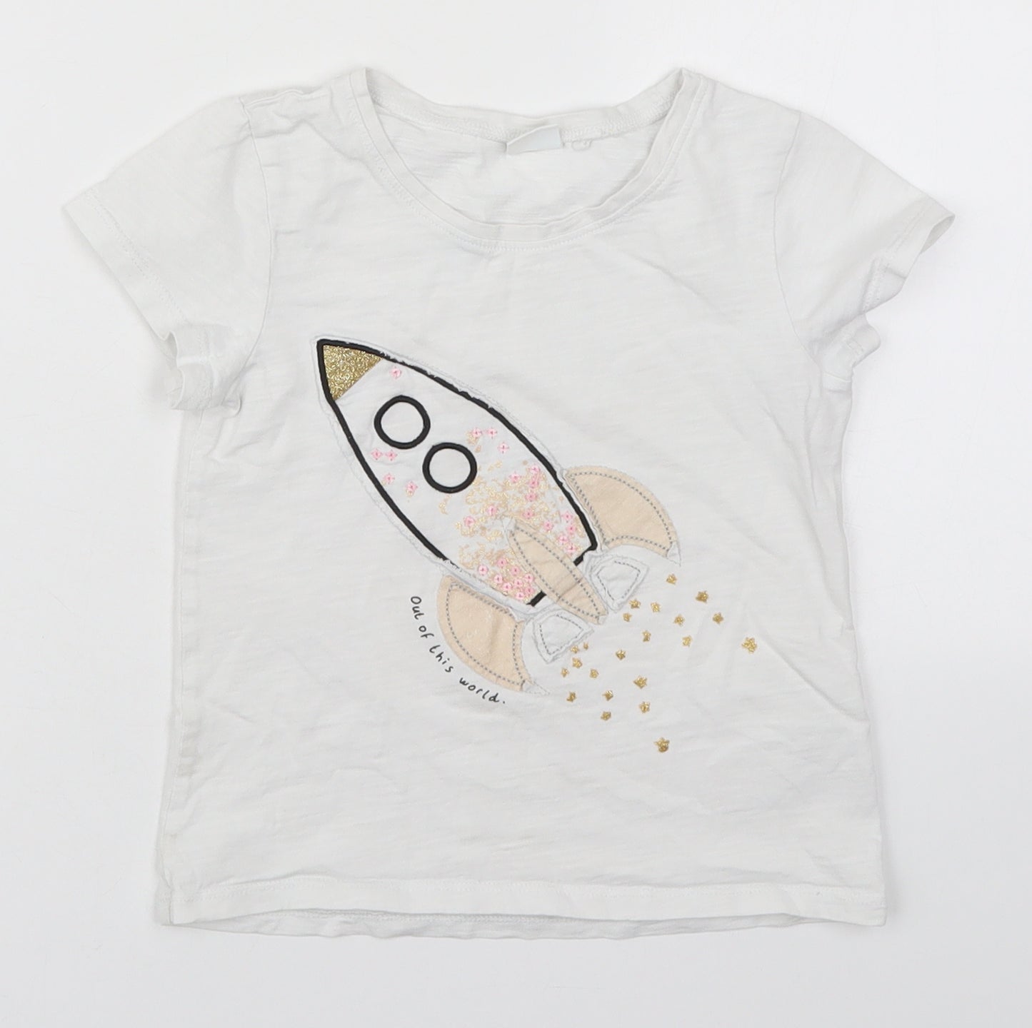 NEXT Girls White  Cotton Basic T-Shirt Size 4-5 Years Round Neck Pullover - Rocket