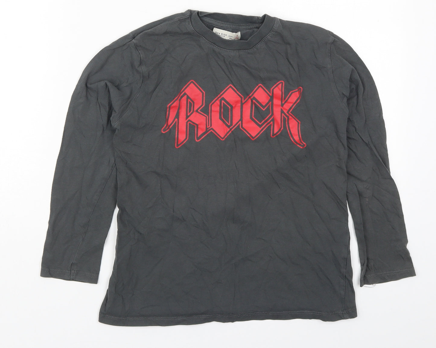 Zara Boys Grey  Cotton Basic T-Shirt Size 9 Years Crew Neck Pullover - Rock
