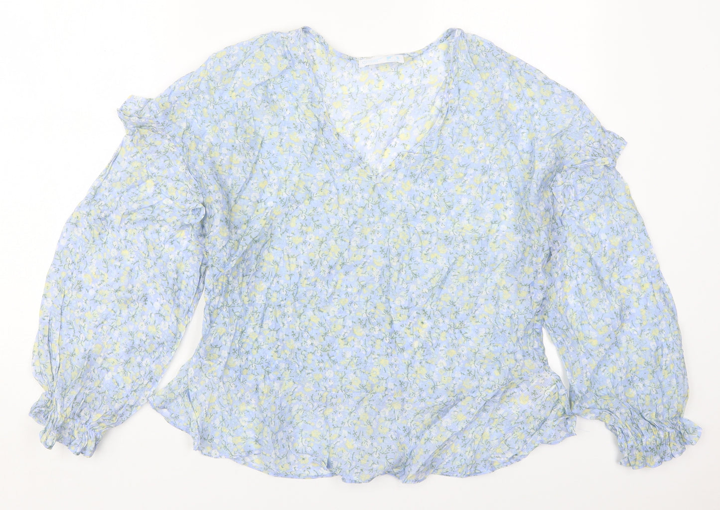 Primark Womens Blue Floral Viscose Basic Blouse Size 14 V-Neck
