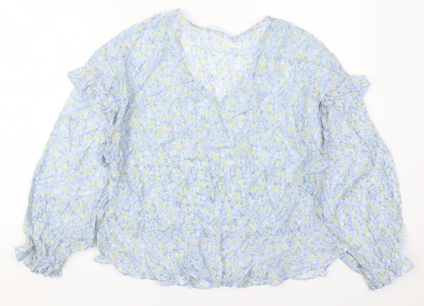 Primark Womens Blue Floral Viscose Basic Blouse Size 14 V-Neck