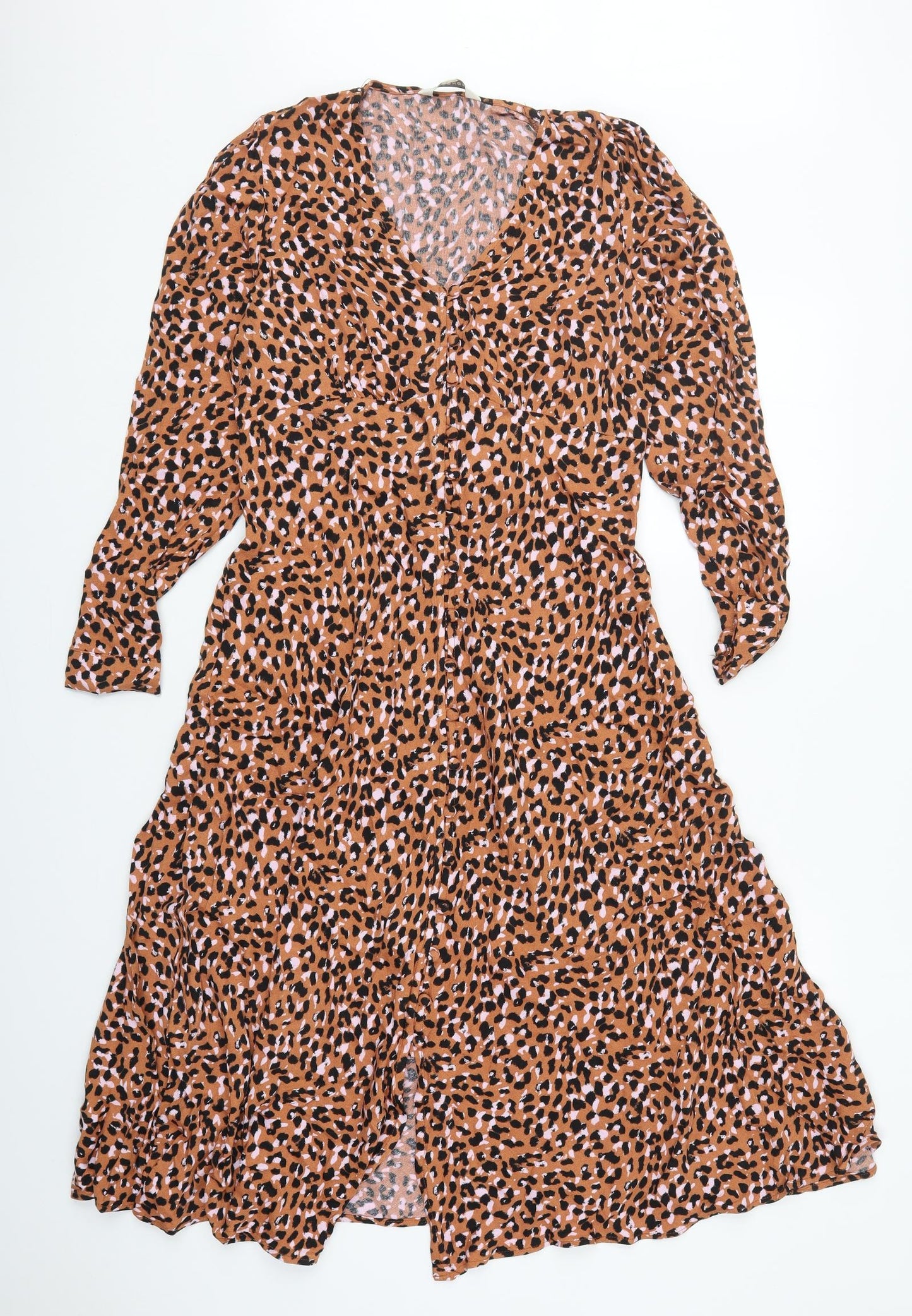 Marks and Spencer Womens Brown Animal Print Viscose A-Line  Size 14  V-Neck Pullover