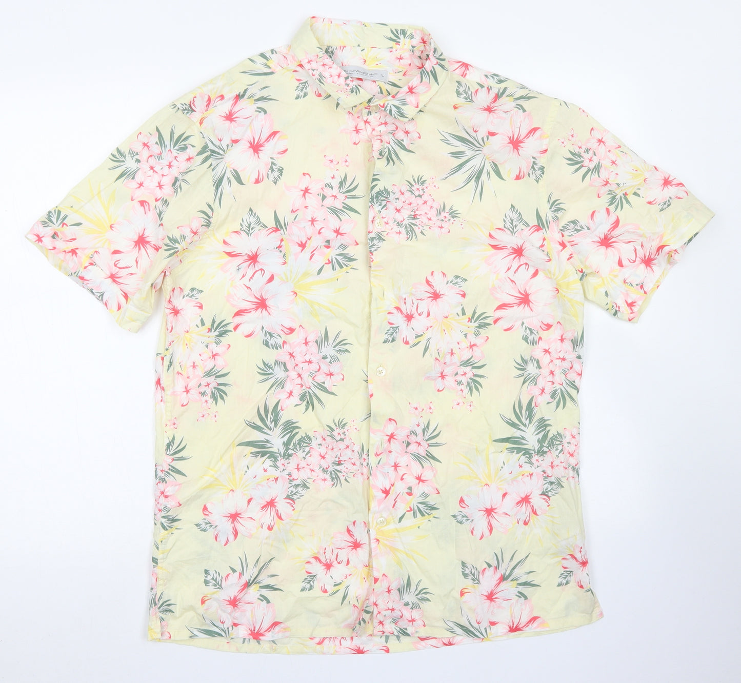 Cedar Wood State Mens Yellow Floral Cotton  Button-Up Size L Collared Button