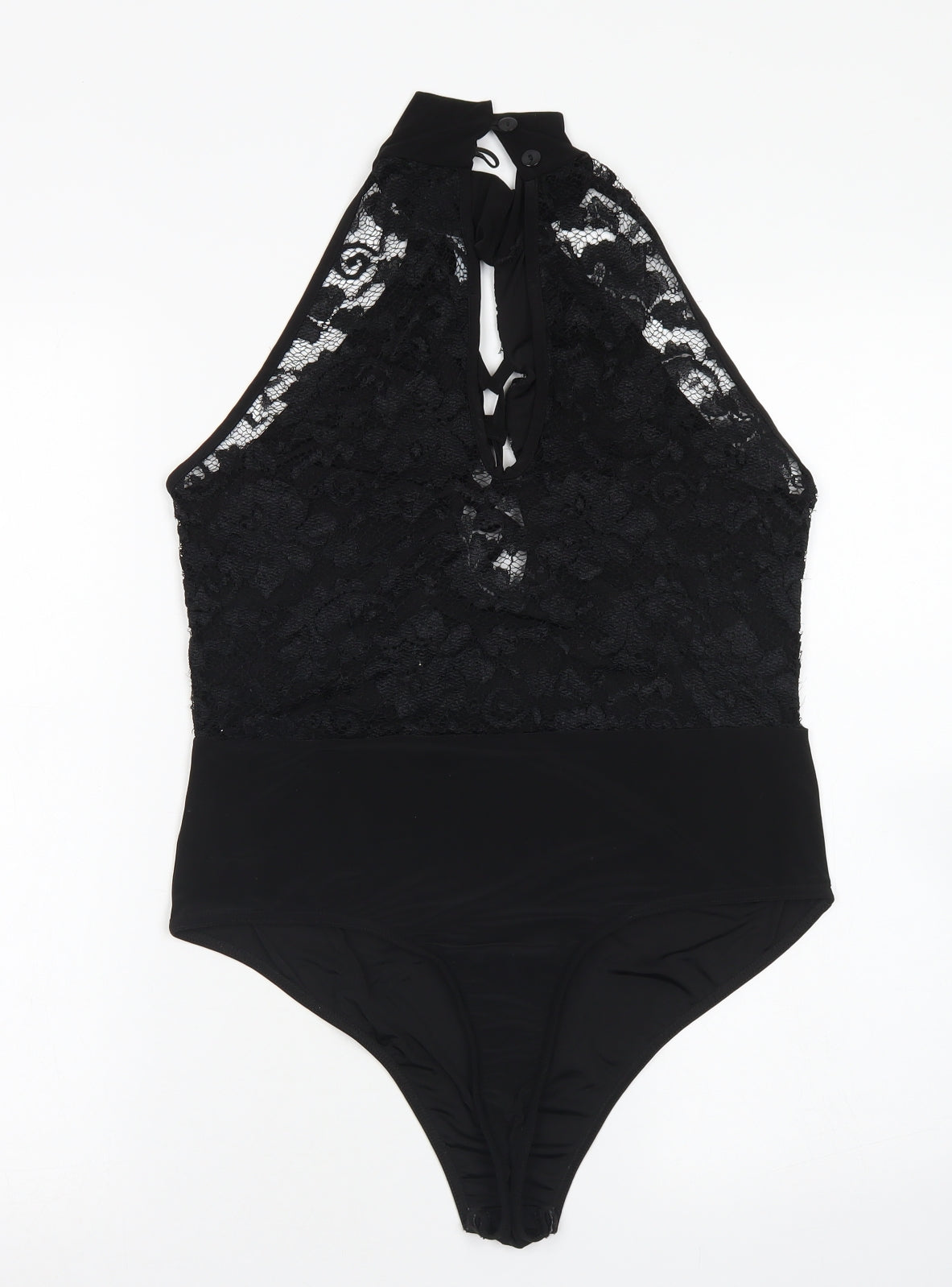 PRETTYLITTLETHING Womens Black  Polyester Bodysuit One-Piece Size 14  Button