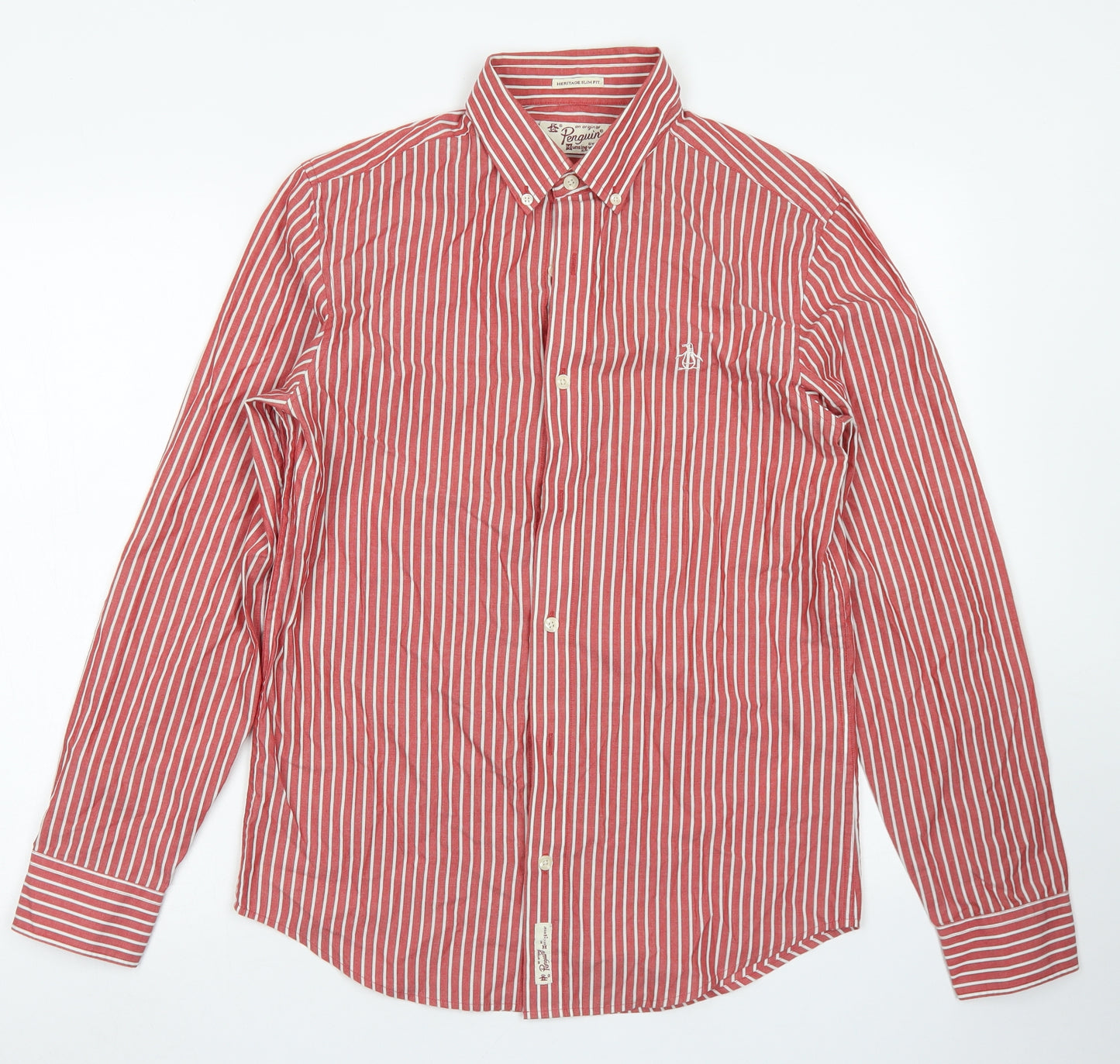 Penguin Mens Red Striped Cotton  Button-Up Size S Collared Button