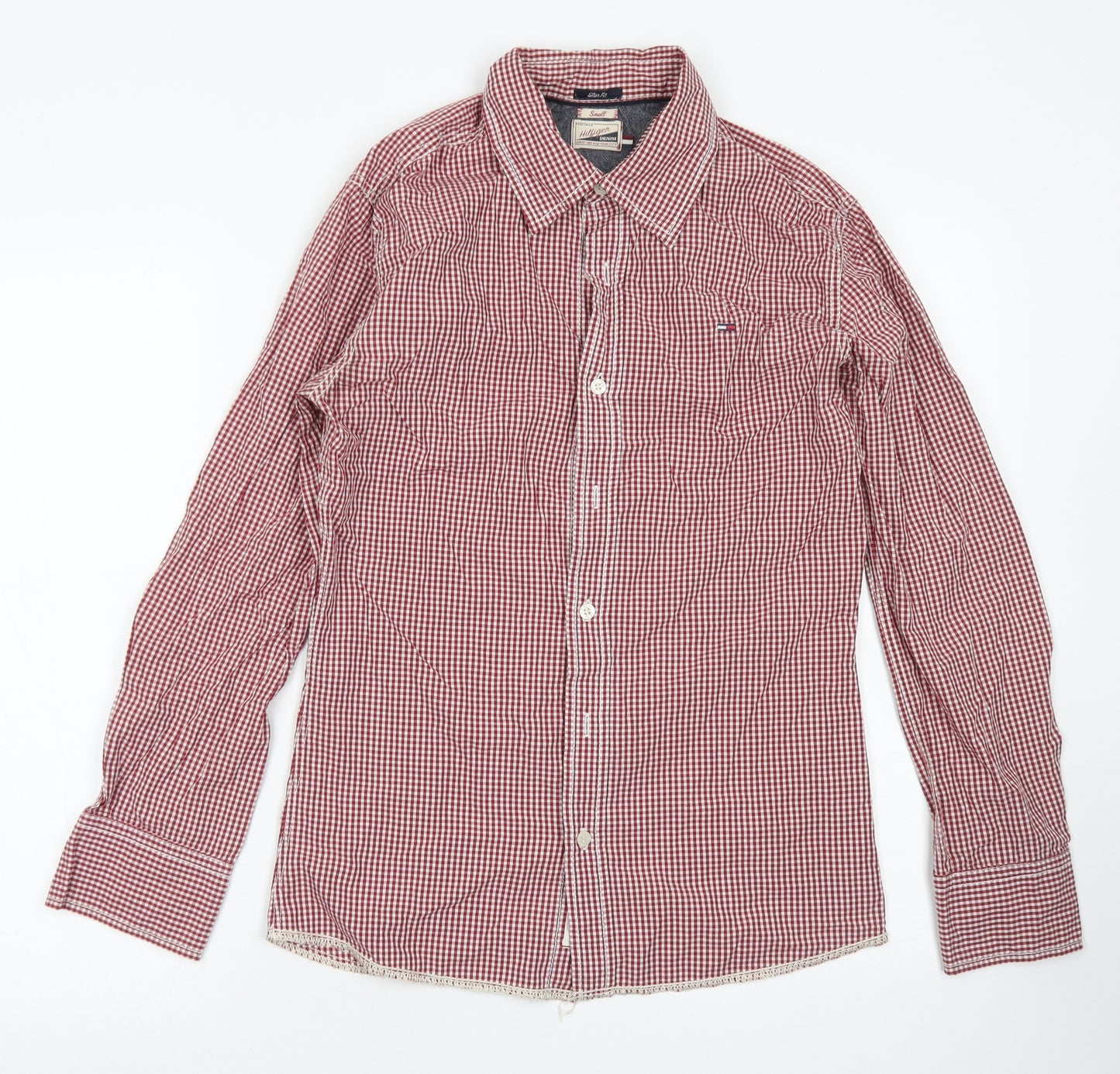 Hilfiger Denim Mens Red Check Cotton  Button-Up Size S Collared Button