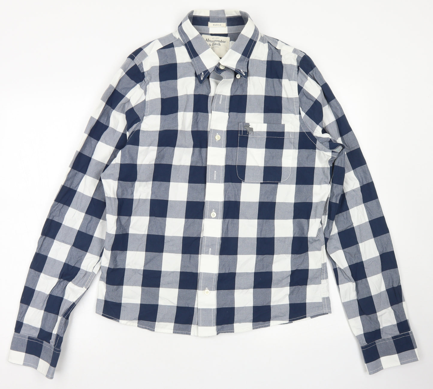 Abercrombie & Fitch Mens Blue Check Cotton  Button-Up Size L Collared Button - Muscle Fit