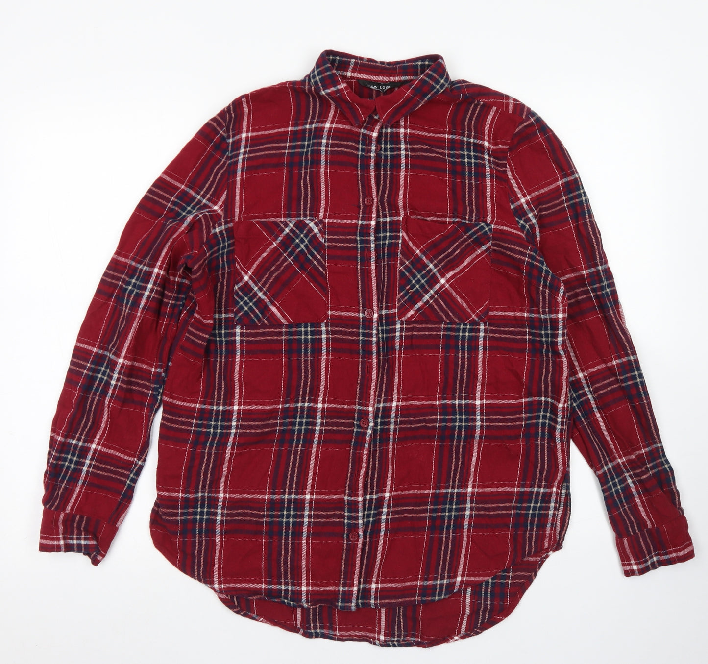 New Look Womens Red Plaid Cotton Basic Button-Up Size 12 Collared