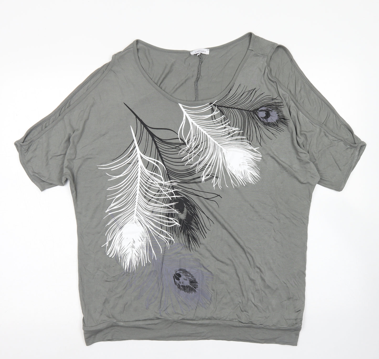 LASCANA Womens Grey  Viscose Basic Blouse Size 14 Crew Neck - Feathers, Cold Shoulder