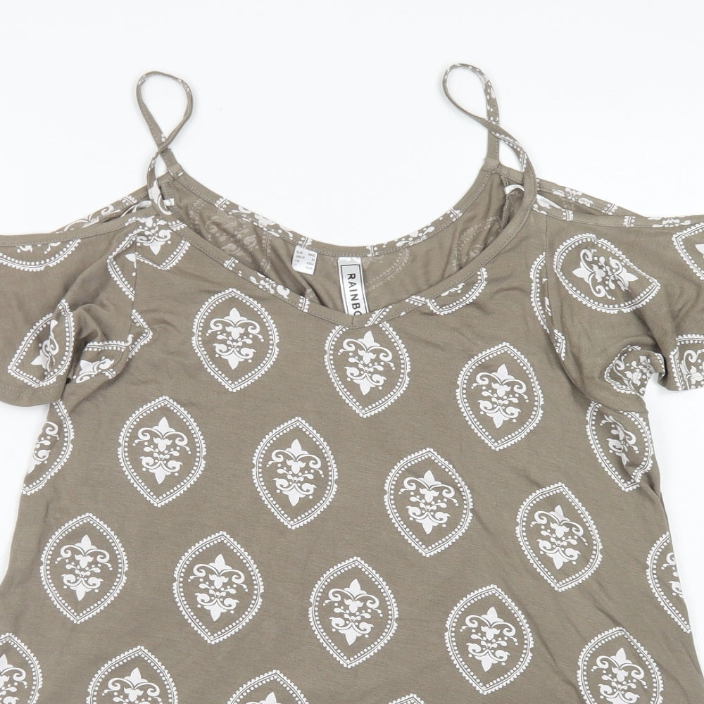 Rainbow Womens Brown Polka Dot Viscose Basic T-Shirt Size M Round Neck - Cold Shoulder