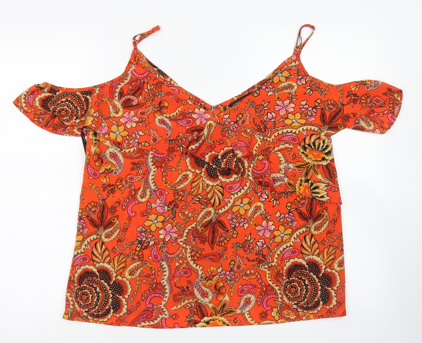 Dorothy Perkins Womens Orange Paisley Polyester Basic Blouse Size 16 Round Neck - Cold Shoulder