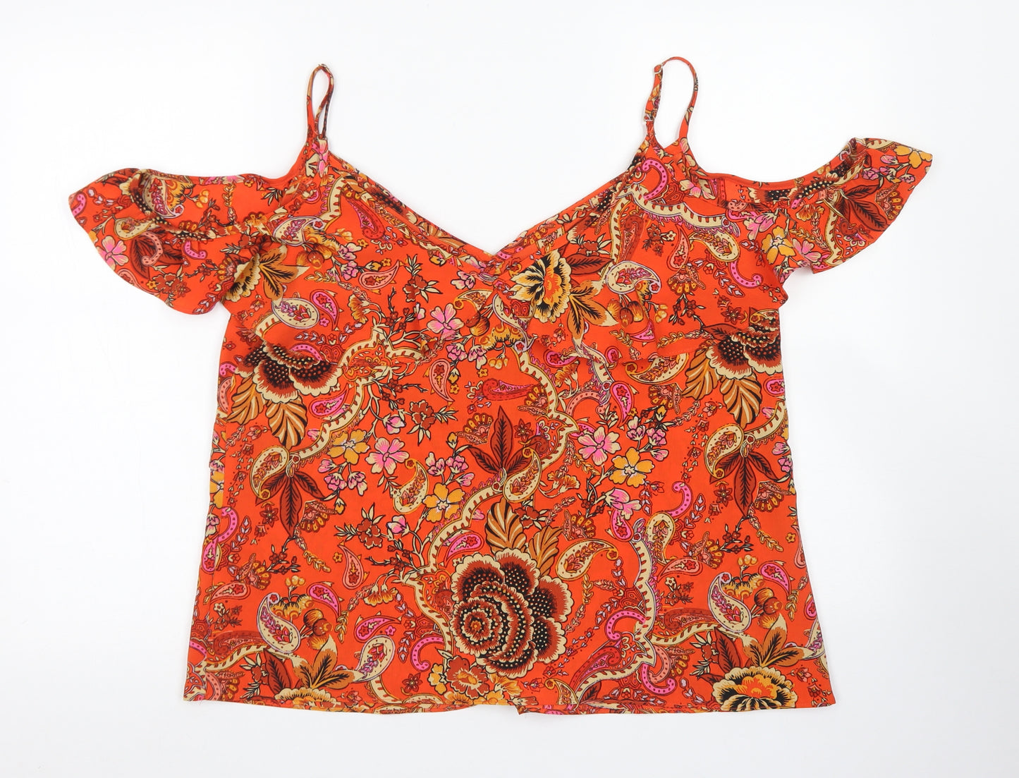 Dorothy Perkins Womens Orange Paisley Polyester Basic Blouse Size 16 Round Neck - Cold Shoulder