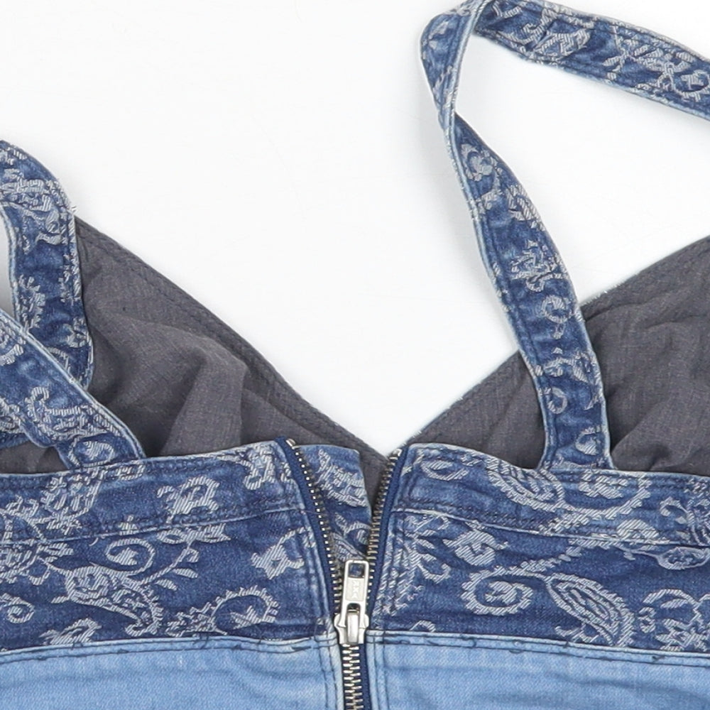Topshop Womens Blue Paisley Cotton Cropped Tank Size 8 V-Neck