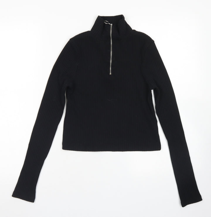 Topshop Womens Black Polyester Cropped T-Shirt Size 8 Mock Neck