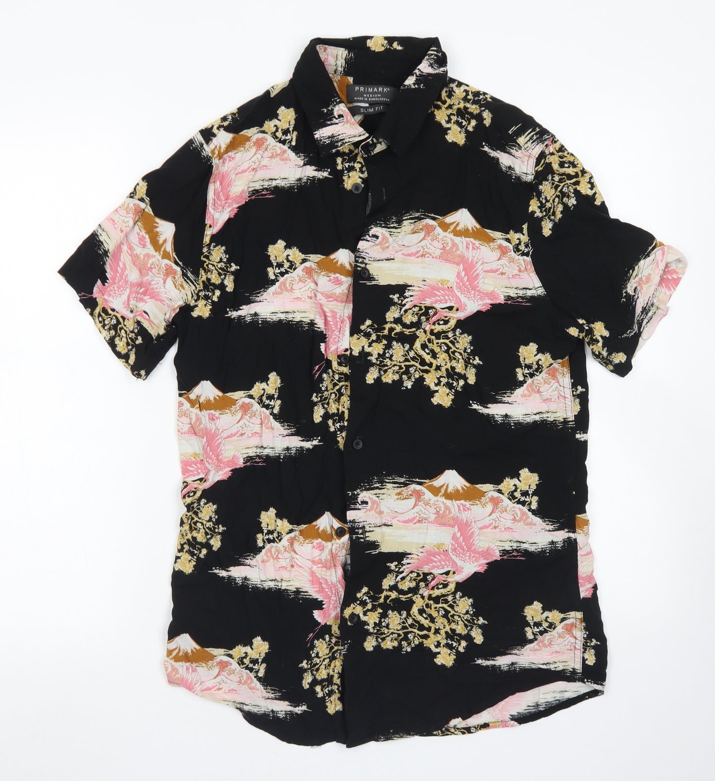 Primark Mens Black Floral Viscose  Button-Up Size M Collared Button