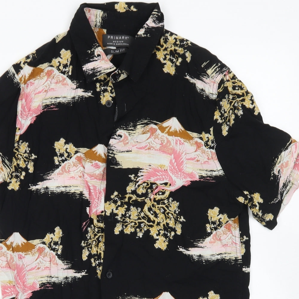 Primark Mens Black Floral Viscose  Button-Up Size M Collared Button