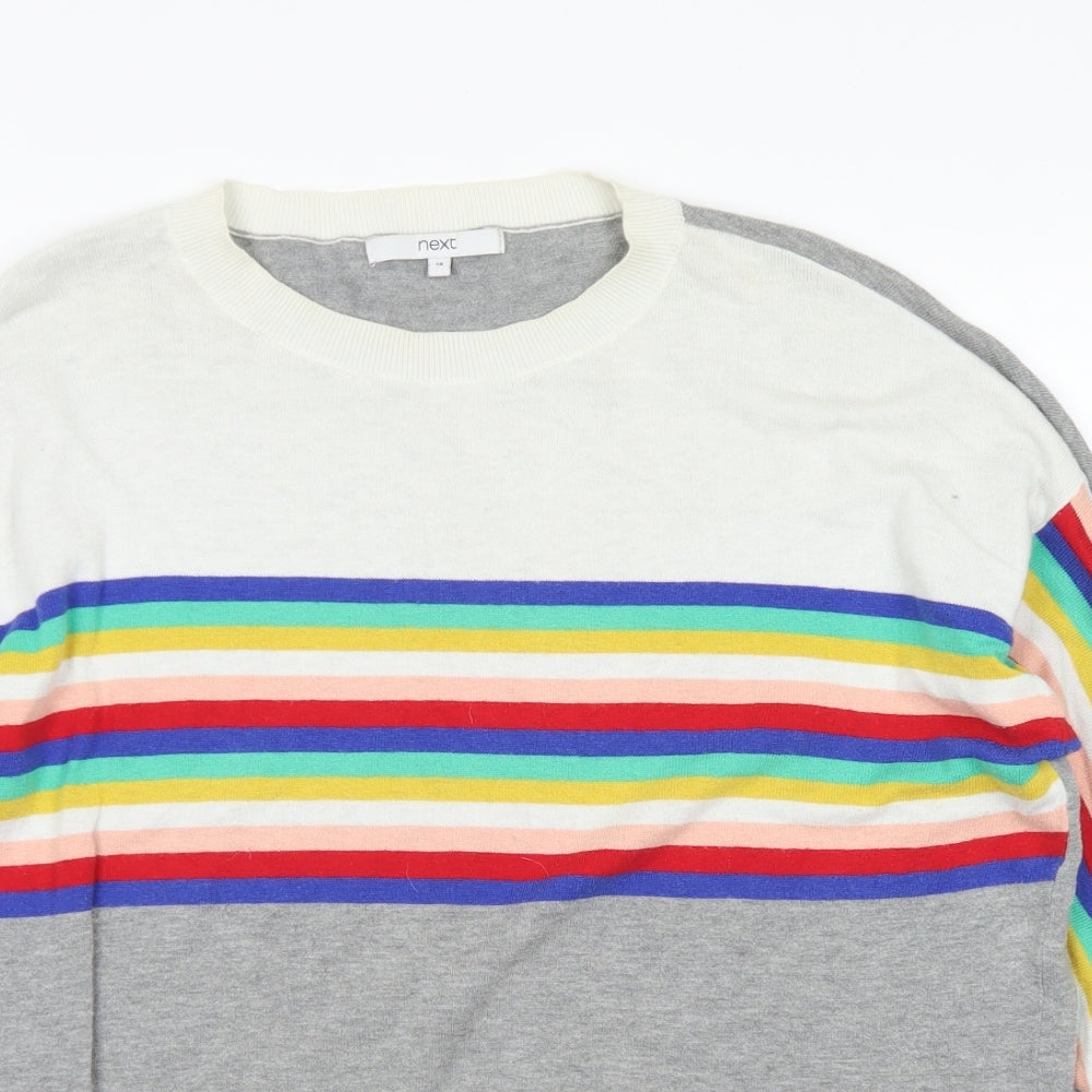 NEXT Womens Grey Crew Neck Striped Cotton Pullover Jumper Size 16