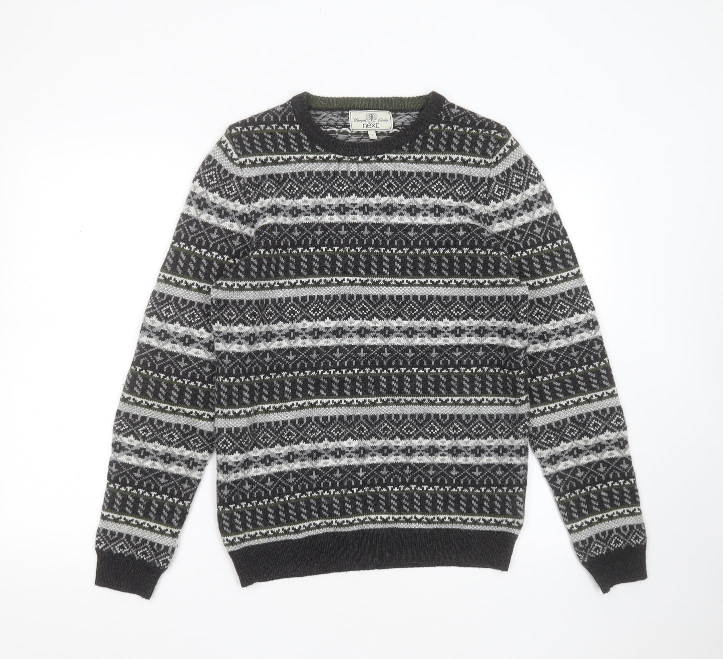 NEXT Mens Grey Round Neck Fair Isle Acrylic Pullover Jumper Size S