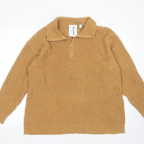 COLLUSION Mens Beige Collared  Cotton Pullover Jumper Size M