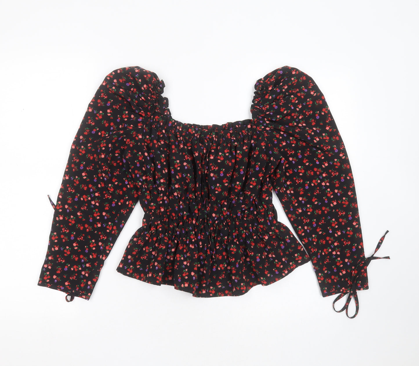 Topshop Womens Black Floral Polyester Basic Blouse Size 10 Round Neck