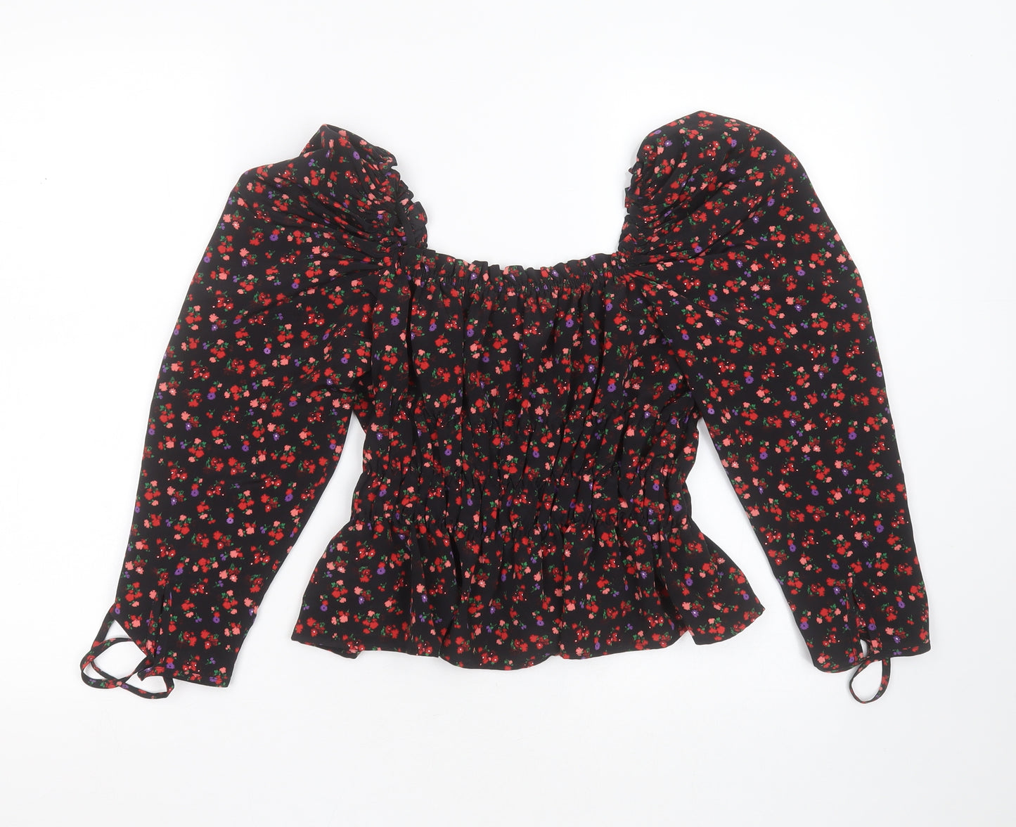 Topshop Womens Black Floral Polyester Basic Blouse Size 10 Round Neck