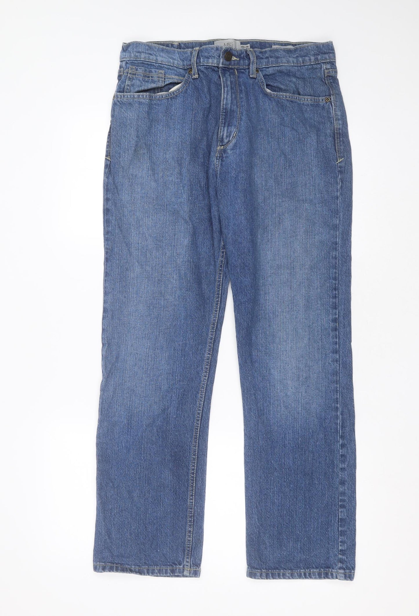 Marks and Spencer Mens Blue  Cotton Straight Jeans Size 32 in L29 in Regular