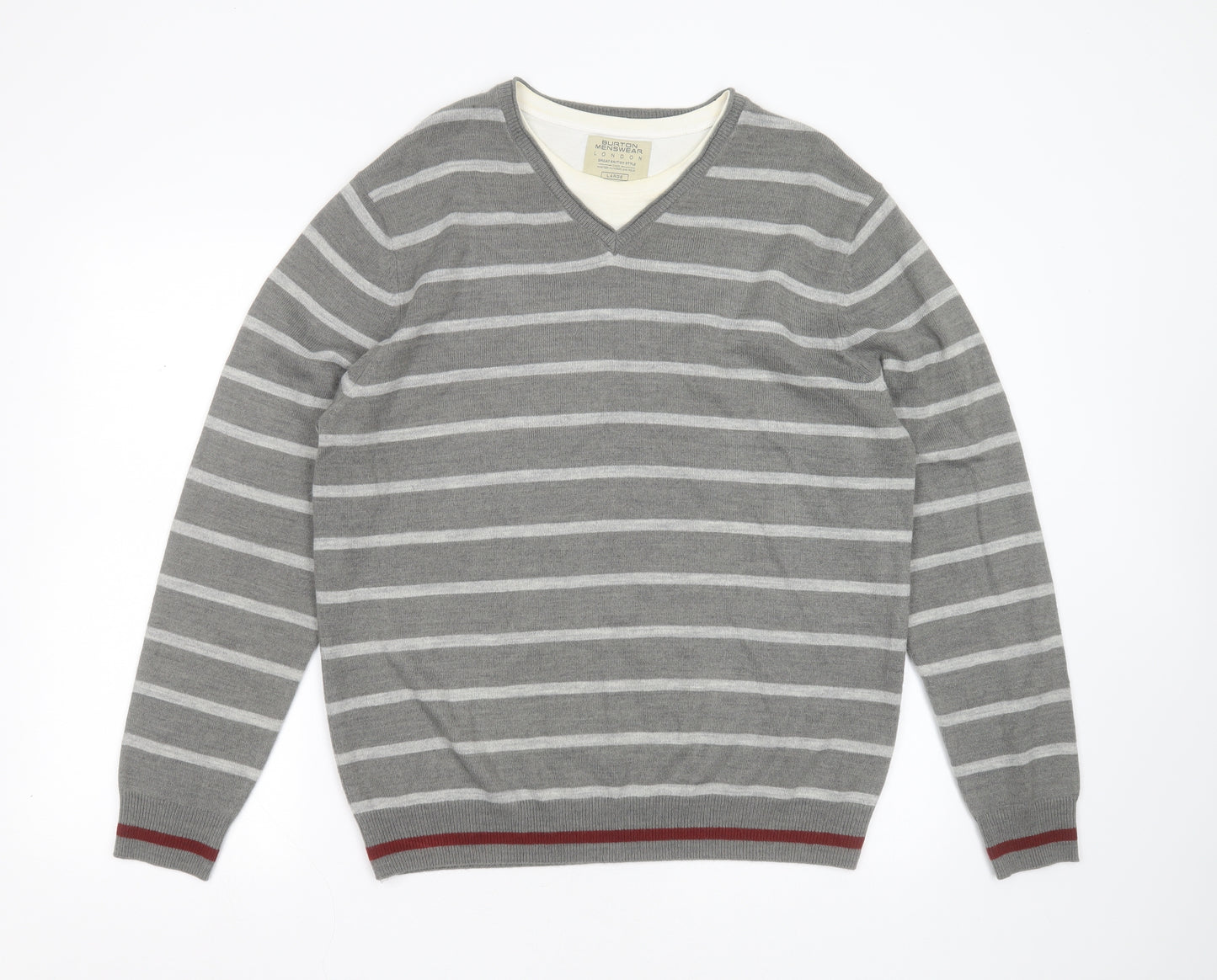 Burton Mens Grey Round Neck Striped Acrylic Pullover Jumper Size L
