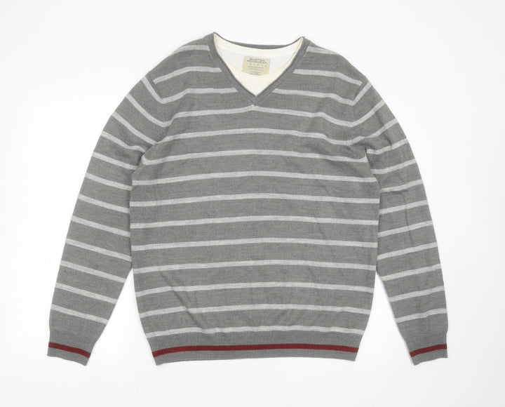 Burton Mens Grey Round Neck Striped Acrylic Pullover Jumper Size L