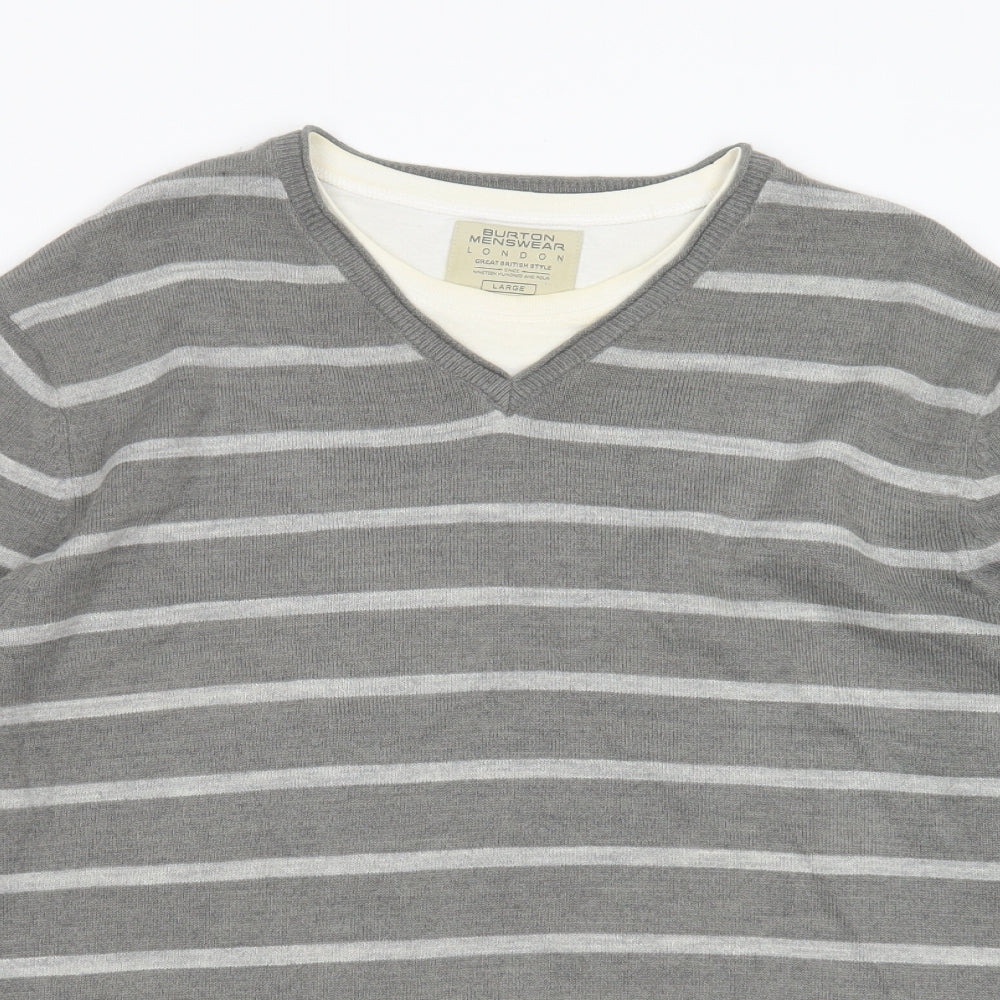 Burton Mens Grey Round Neck Striped Acrylic Pullover Jumper Size L