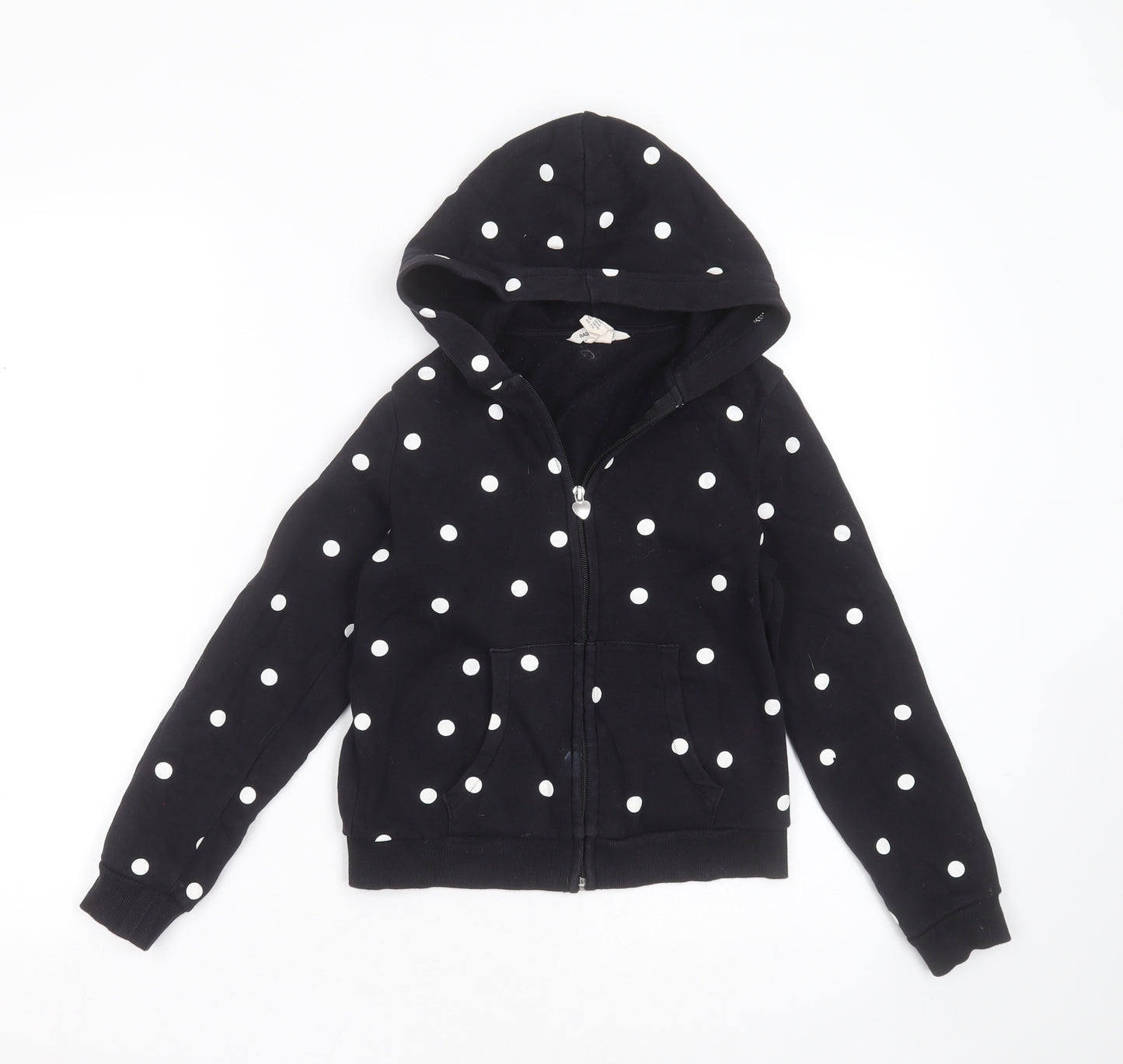 H&M Girls Black Polka Dot Cotton Full Zip Hoodie Size 8-9 Years  Zip