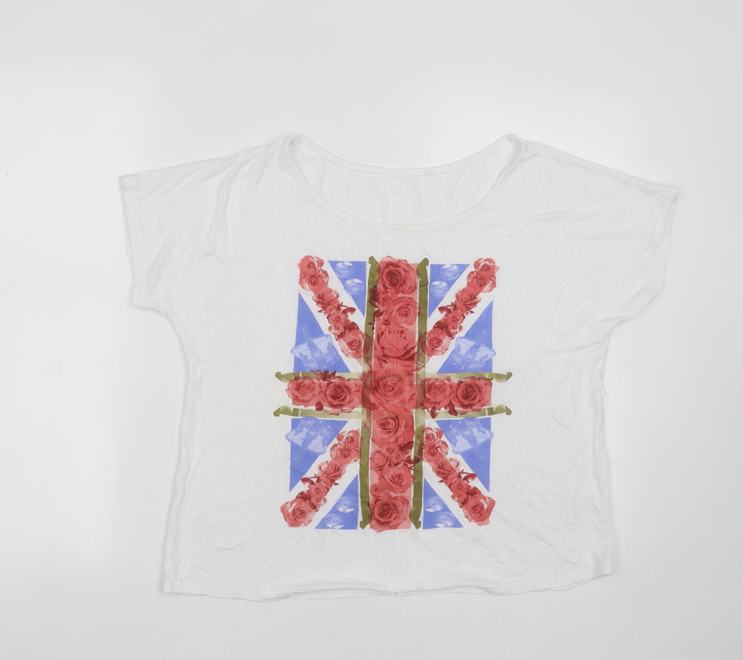 Preworn Womens White  Viscose Basic T-Shirt Size 12 Round Neck - Union Jack
