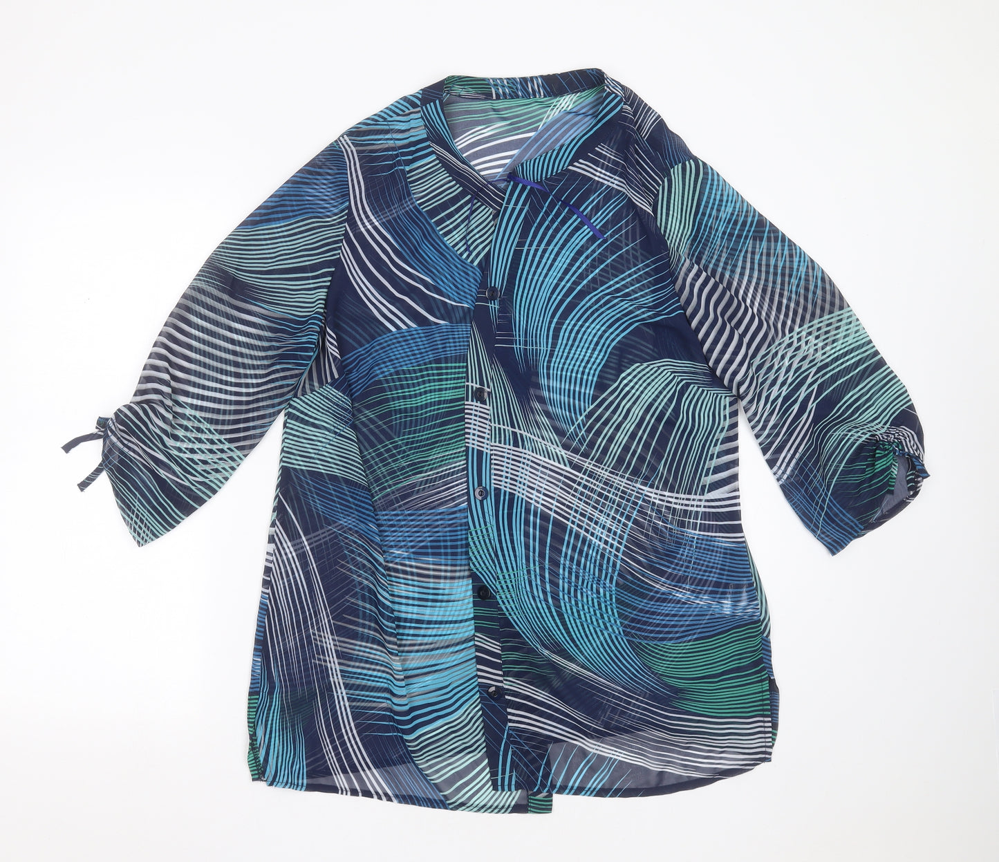 Preworn Womens Blue Geometric Polyester Basic Blouse Size 16 V-Neck