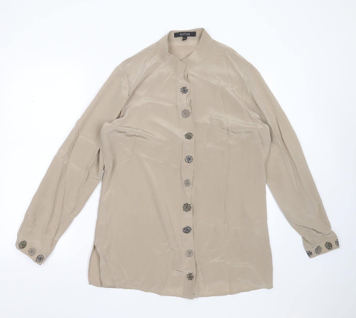 NITYA Womens Beige Floral Polyester Basic Blouse Size 14 Round Neck