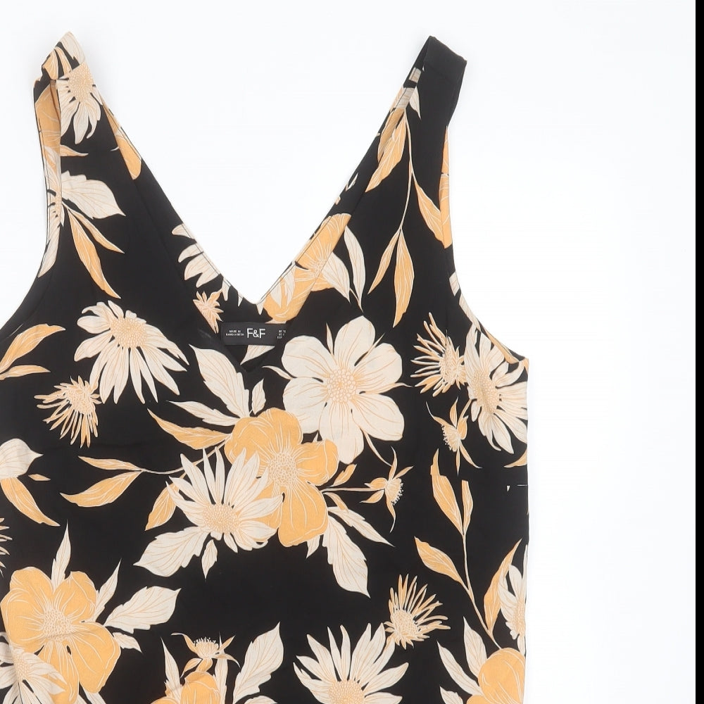F&F Womens Black Floral Viscose Basic Blouse Size 10 V-Neck