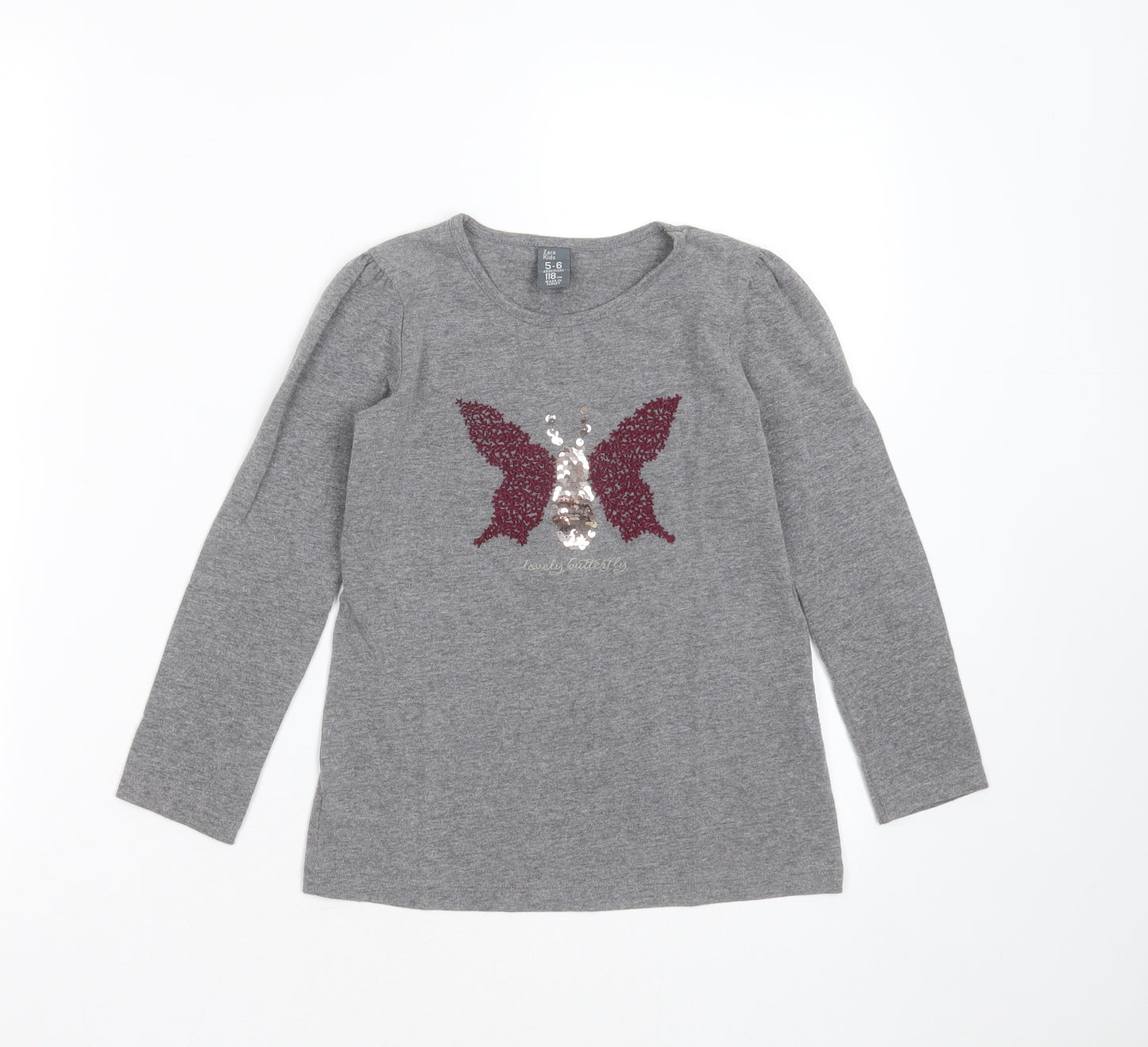 Zara Girls Grey  Cotton Blend Basic T-Shirt Size 5-6 Years Round Neck  - butterfly