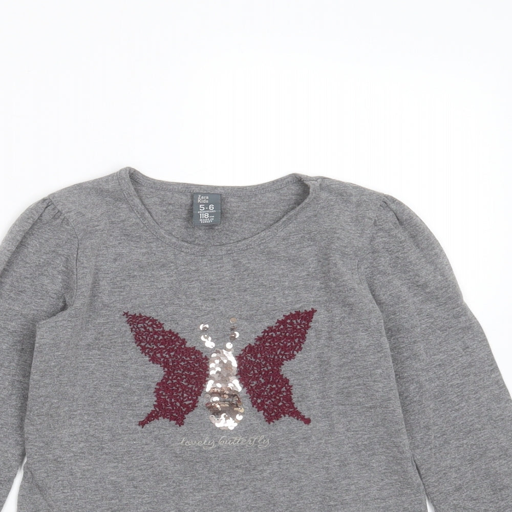 Zara Girls Grey  Cotton Blend Basic T-Shirt Size 5-6 Years Round Neck  - butterfly