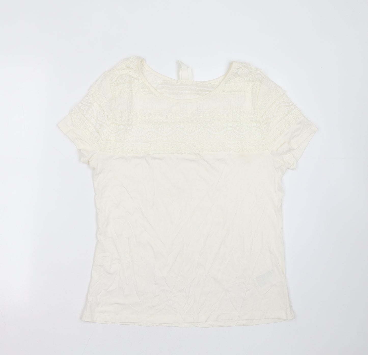 H&M Womens Ivory  Viscose Basic T-Shirt Size L Round Neck - lace shoulder detail