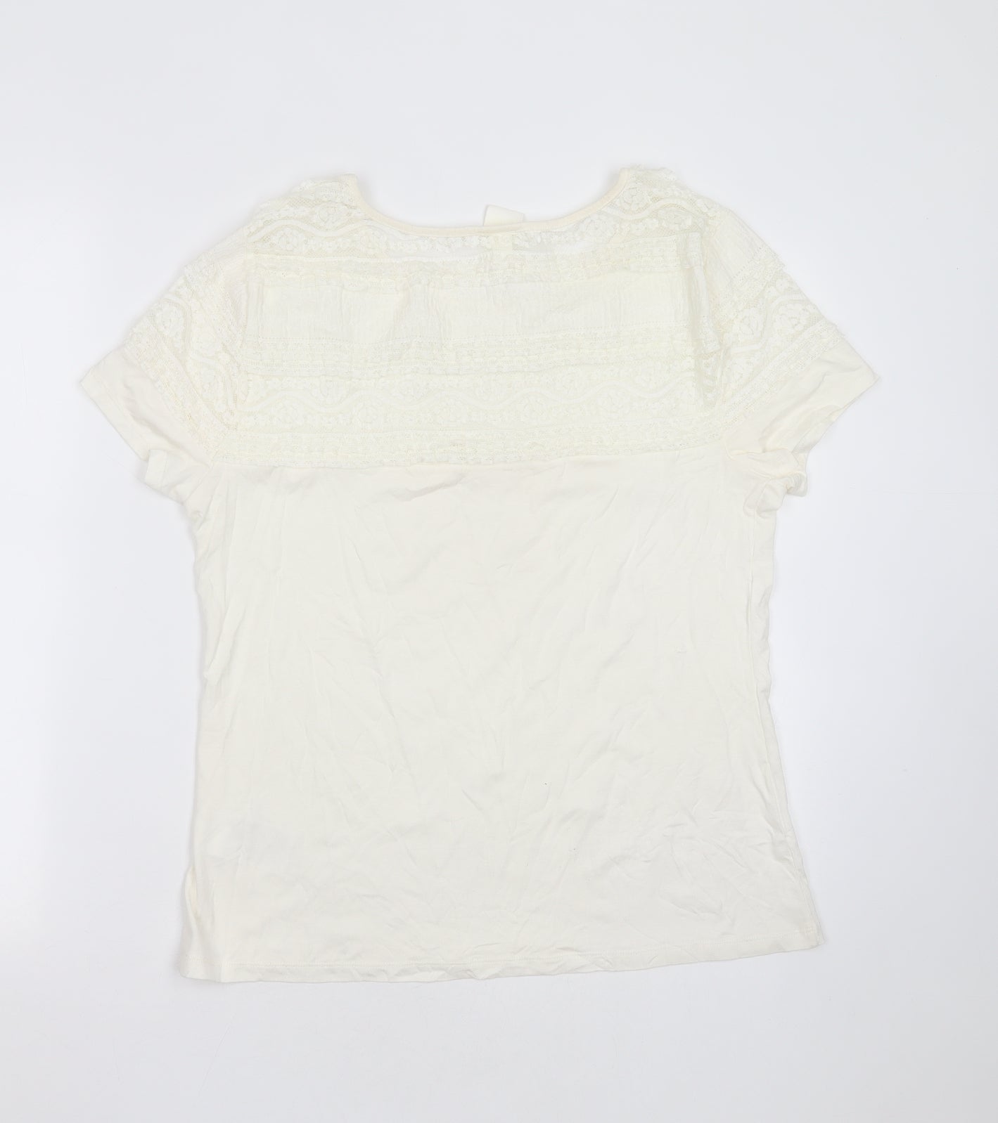 H&M Womens Ivory  Viscose Basic T-Shirt Size L Round Neck - lace shoulder detail