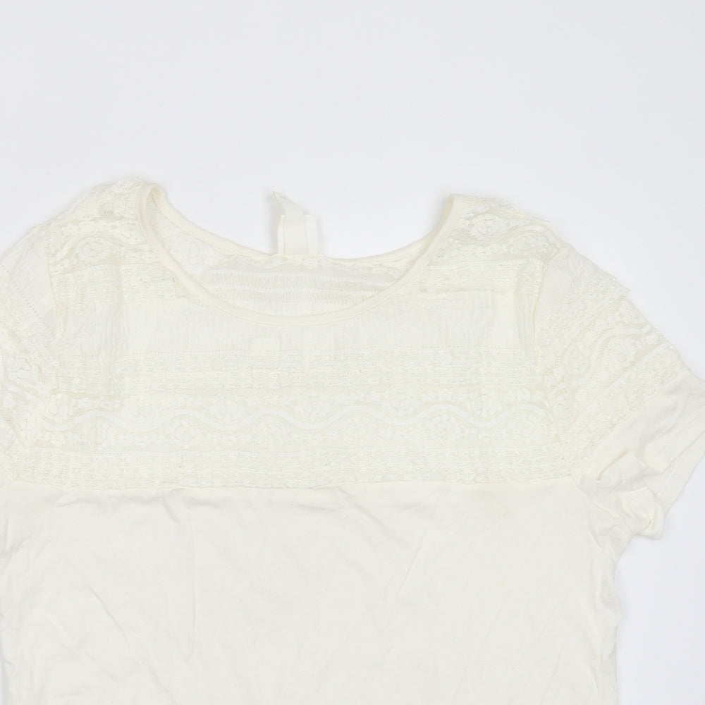 H&M Womens Ivory  Viscose Basic T-Shirt Size L Round Neck - lace shoulder detail