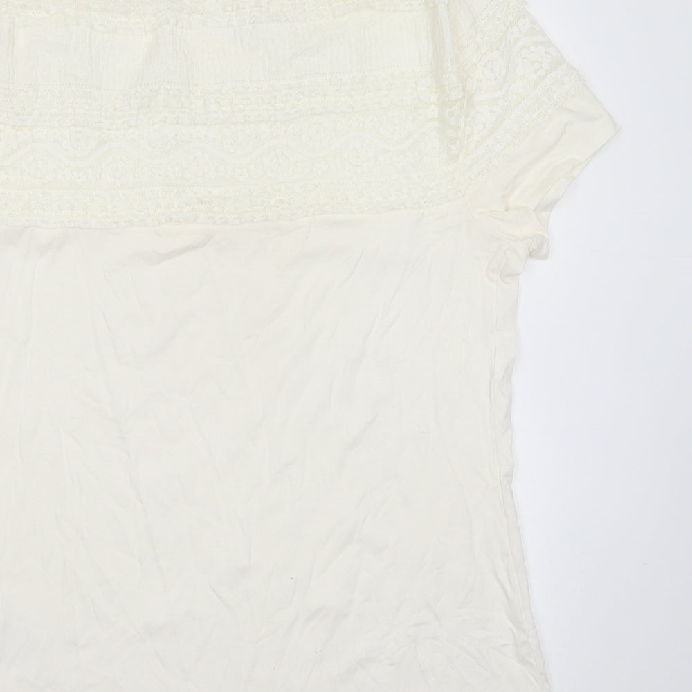H&M Womens Ivory  Viscose Basic T-Shirt Size L Round Neck - lace shoulder detail