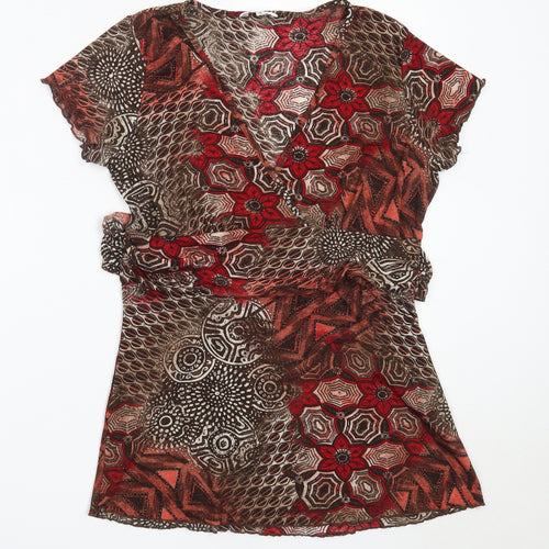 M&Co Womens Brown Geometric Polyester Basic Blouse Size 16 V-Neck